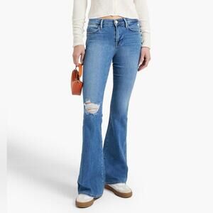 Frame Le High Flare Premium Stretch Denim Jeans, Size 30, blue distressed